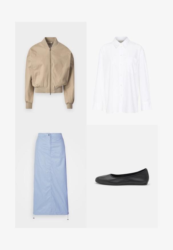 Šviesiai rudos spalvos trumpas bomber tipo švarkas, pagamintas iš lygaus audinio, su priekyje esančia užtrauktuku, rausvomis rankovėmis ir klasikine stati apykakle. Yra šoninės kišenės.; Balta ilgomis rankovėmis marškiniai su apykakle, pagaminti iš medvilnės. Su mygtukų užsegimu priekyje ir viena krūtinės kišenė. Lygus paviršius, laisvas siluetas.; Šviesiai mėlyna, vidutinio ilgio sijonas, pagamintas iš sklandžios, lengvos medžiagos su tiesiu kirpimu, turi priekinius mygtukus ir raištelį apatinėje dalyje.; Juodai odiniai baletai su apvaliu pirštu, lygi texture, minimalus siuvimo detales ir lanksčiu padų dizainu.