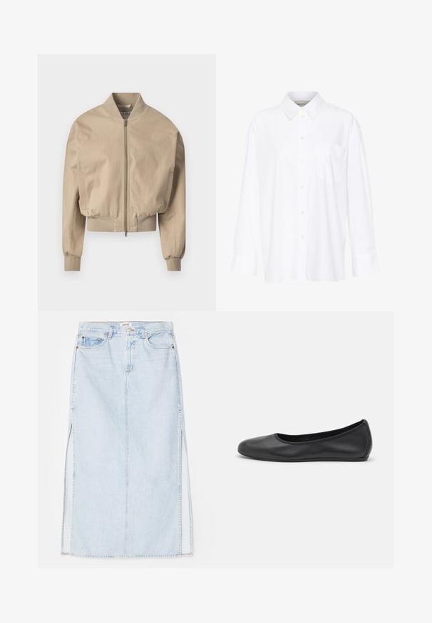 Beige lyhyempi bomber-takki sileästä kankaasta, edessä vetoketju, ribbed hihansuut ja klassinen pystykaulus. Sivutaskut sisältyvät.; Valkoinen pitkähihainen kauluspaita, joka on valmistettu puuvillasta. Paidassa on napitettava etuosuus ja yksi rintatasku. Pehmeä pinta, rento malli.; Vaaleansininen farkkumaxi-hame, jossa on suora leikkaus, sivuaukot ja viisitaskumallinen muotoilu. Korostetut saumat ja metallinappikiinnitys.; Musta nahkainen ballerina, jossa on pyöristetty kärki, sileä pinta, minimaalinen ommelkoristelu ja joustava pohjamuotoilu.