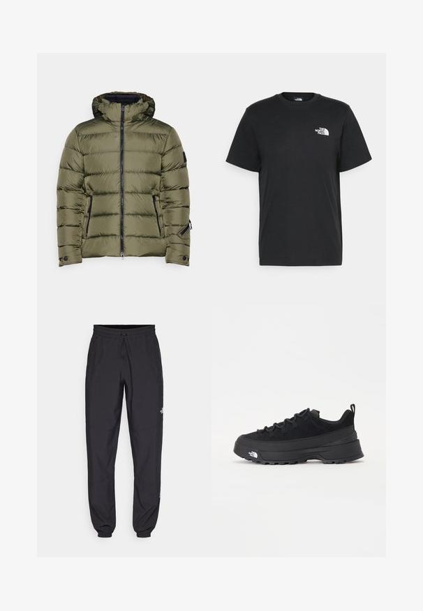 Bogner Fire + Ice LUKA - Snieglenčių striukė - grape leaf; Juoda medvilninė marškinė su trumpomis rankovėmis, apvaliu iškirpimu ir maža balta logo kairėje krūtinės pusėje. Paprastas dizainas, lygi tekstūra ir laisvas pritaikymas.; Juodos sportinės kelnės, pagamintos iš lengvos medžiagos, su raišteliu liemens srityje, šoniniais kišenėmis ir siaurėjantys apykaklės prie kulkšnies.; Juodas lauko sportinis batelis su zomšiniu viršumi, tekstūruota guma padais ir tvirtas raištelių sistema. Yra sustiprinta kulno dalis ir prekės ženklo logotipas šone.