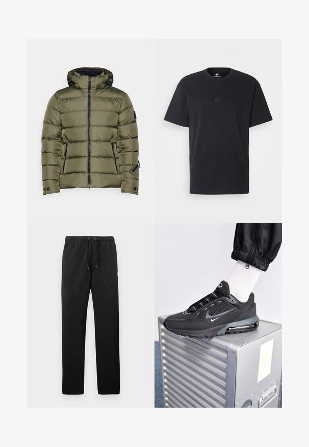 Bogner Fire + Ice LUKA - Snowboardjas - grape leaf; Zwarte katoenen t-shirt van Nike met een klassieke ronde hals, korte mouwen en een subtiele, reliëflogo op de borst. Gladde textuur.; Zwarte sweatpants van fleece, met een elastische tailleband met trekkoorden, twee voorzakken en een klein logo op de dij.; Nike Sportswear PULSE - Sneakers laag - black/anthracite