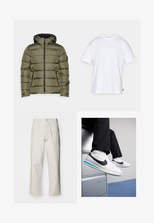 Bogner Fire + Ice LUKA - Lumilautailutakki - grape leaf; Valkoinen puuvillainen t-paita, jossa on lyhyet hihat ja pyöreä kaula-aukko. Paidassa on pieni, huomaamaton Nike-logo rinnassa ja sivulappu.; Harmaat vaaleat leveät housut, jotka on valmistettu puuvillasta. Varustettu etutaskuilla ja nappikiinnityksellä. Sujuva rakenne, jossa on hienovaraisia pystysuoria viivoja.; Valkoiset nahkakengät, joissa on musta Nike-logomerkki, vaaleansininen ja harmaa kumipohja sekä klassinen nauhakiinnitys. Jalat lepäävät asiakirjakaapilla.