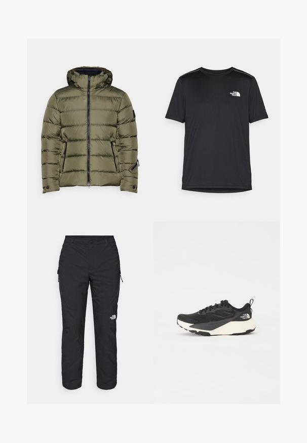 Bogner Fire + Ice LUKA - Snowboard jacket - grape leaf; Black short-sleeve T-shirt made from lightweight fabric. Features a small white logo on the left chest and subtle shoulder accents.; The North Face WINTER EXPLORATION TAPERED CARGO - Outdoor trousers - black; Black athletic shoe with textured mesh upper, solid black accents, and white lightweight outsole. Features lace-up closure and pull tab.