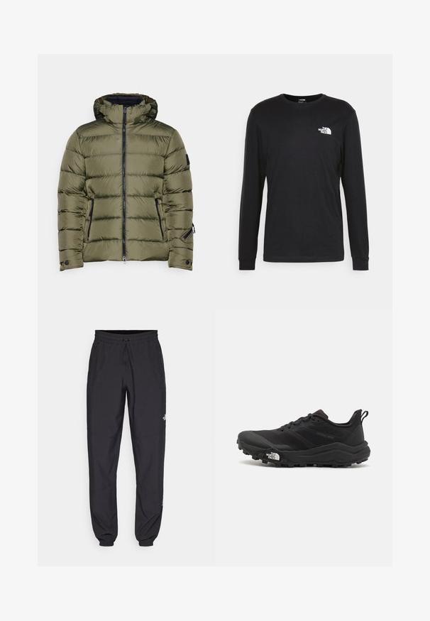 Bogner Fire + Ice LUKA - Casaco de snowboard - grape leaf; Camisola de manga longa preta feita de algodão, com um logo branco no lado esquerdo do peito e punhos canelados. Textura suave com decote redondo.; Calças atléticas pretas feitas de tecido leve, com um cós ajustável por cordão, bolsos laterais e punhos afunilados nos tornozelos.; Sapatilha de trail running preta com um upper texturizado, sola de borracha e biqueira reforçada. Possui um colarinho acolchoado e uma alça para facilitar o calçar.