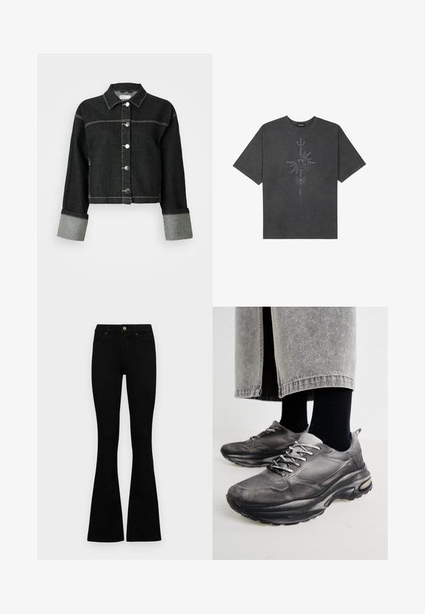 Svart denimjakke med krage, knappelukking foran og grå mansjetter. Har kontrasterende hvite sting og et kort design.; Mørkegrå oversized t-skjorte laget av bomull, med et sentralt solmotiv med intrikate linjedetaljer trykket på forsiden.; Sorte høytlivsjeans med knapp og glidelås, frontlommer og utsvingte bein liggende flatt på en hvit bakgrunn.; Sorte og grå treningssko har en mesh-overdel, tykke såler og snøring. De har en rund tå og synlige dempe detaljer.