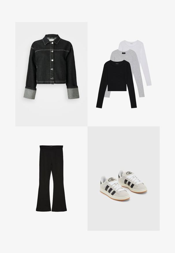 Musternokastane mütsiga musta denimikindlaga, eesnuppude kinnitusega ja halli manseti aktsentidega. Omab kontrastset valget õmblust ja lühendatud kujundust.; Kolm pikkade varrukatega toppi, mis on üksteise peale asetatud: must, hall ja valge. Igal ühel on ümar kaelus ja lühike disain, valmistatud siledast, kergekaalulisest kangast.; Mustad mustad sääred, mis on valmistatud venivast kangast. Omab laia vööd ja siledat tekstuuri, sobituv siluett, mis laieneb allservas.; Hallid hallid nahkrennid valgete paeltega, mustade triipudega ja valge kummitaldiga. Omab ümmargust logo keeles ja kummitalda.