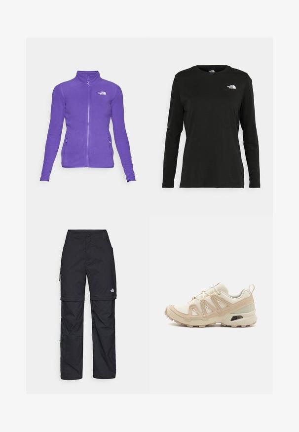 The North Face 100 GLACIER - Fliisjakk - peak purple; Must mustahiheline T-särk, millel on pikad varrukad, valmistatud puuvillast ja ümarast kaelusest. Vasakul rinnal on väike valge logo. Lihtne disain ja sobivus.; Mustad nailonist valmistatud eemaldatavad cargo-püksid, reguleeritavate pahkluudega, mitmete taskutega ja paremal jalal logoga. Sile, kerge tekstuur.; Beež ja koobalti spordijalats tekstureeritud võrkkattega, toetavad ülemised kihid ja kummist tallaga, millel on mustriga joonistus haardeks.