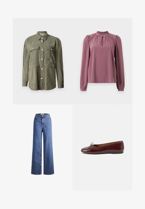 Maslinasto zeleni košulja napravljena od mekog materijala, s dugim rukavima, dugmadi sprijeda i dva džepa na prsima s preklopima.; Bluzica dugih rukava u mauve boji s naboranim ovratnikom, izrezom u obliku ključa s kopčanjem na dugme i blago napuhanim ramenima.; Svijetloplavi traper široki traperice s visokim strukom, dva prednja džepa i vidljivim šavovima. Imaju kopčanje na gumb i patentni zatvarač.; Burgundska lakirana balerinka s zaobljenim vrhom, malim mašnom sprijeda i niskom, crnom gumenom potplatu. Glatka tekstura.