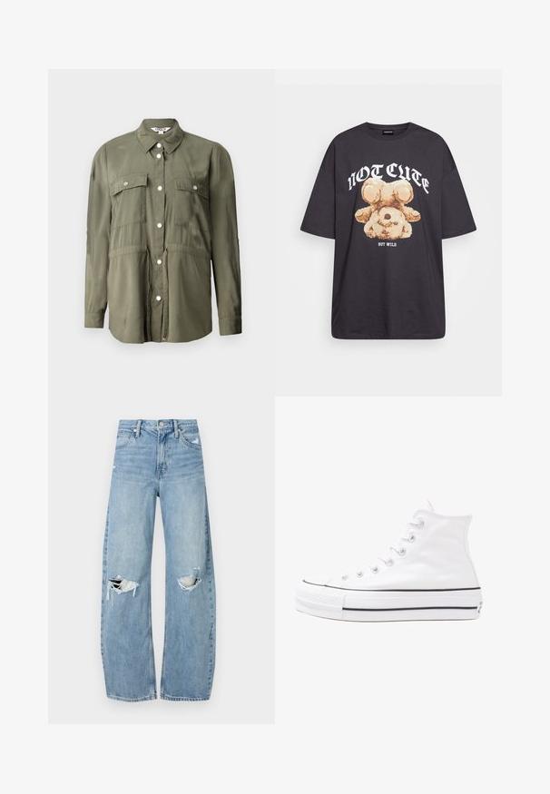 Olive green shirt made of a soft fabric, featuring a button-up front, two chest pockets with flaps, and long sleeves.; Black oversized t-shirt featuring a graphic of a bear with the text “NOT CUTE BUT WILD” in bold, white lettering. Cotton material.; Light blue, high-waisted jeans made of denim. Feature wide legs, two torn knee areas, and classic five-pocket styling.; White high-top canvas sneaker with black rubber sole, front rubber toe cap, and six eyelets for laces, featuring a clean, minimalist design.