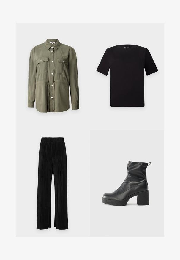 Camisa verde-oliva feita de um tecido macio, com fecho frontal de botões, dois bolsos no peito com abas e mangas longas.; T-shirt preta de mangas curtas com decote redondo, feita de tecido de algodão suave. Design simples, sem logótipos ou padrões visíveis.; Calças pregueadas pretas com uma cintura elástica. Apresentam pernas largas e um tecido liso, texturizado com riscas verticais.; Botas de tornozelo pretas feitas de couro liso, com fecho lateral, salto grosso texturizado e design de bico arredondado.