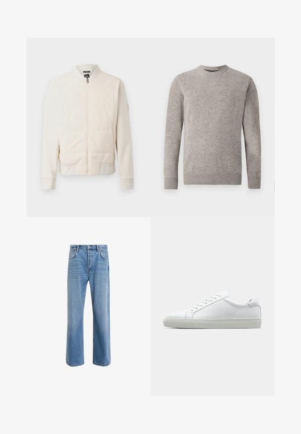 Licht beige ritsjack met een gewatteerde voorkant, gladde stof, ribbelmanchetten, zijzakken en een staande kraag. ; Lichtgrijze gebreide trui met een ronde hals, lange mouwen en geribde manchetten en zoom. Gestructureerd patroon met kleurvlekken.; Lichtblauwe denim jeans met een straight-leg ontwerp, vijf zakken, knoopsluiting, minimale vervaging en contrasterende stikseldetails.; Witte sneaker met een gladlederen bovenwerk en een laag profiel. Voorzien van een ronde neus, zes vetergaatjes en een gestructureerde rubberen zool.