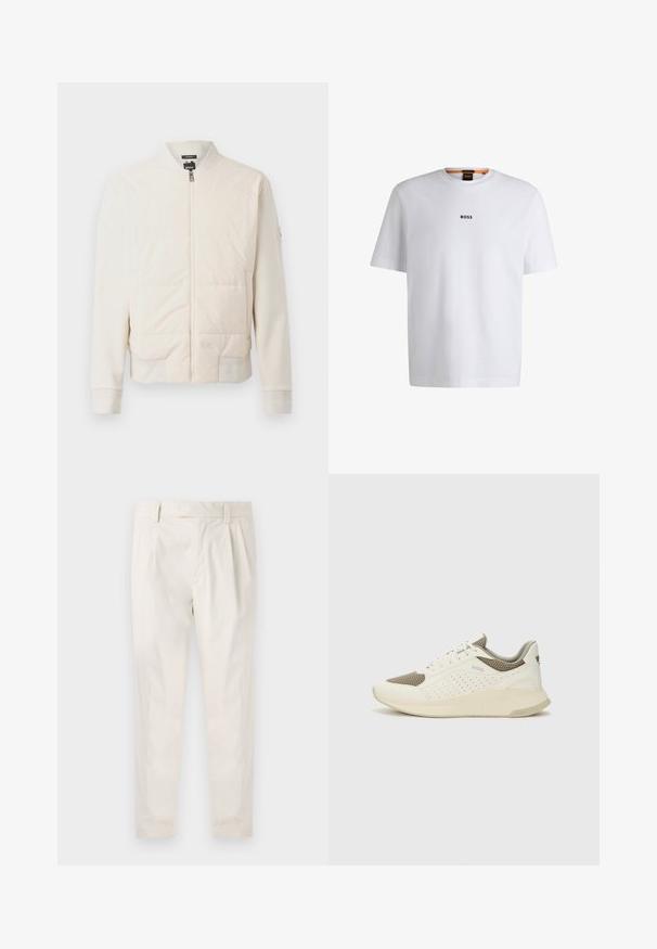 Šviesiai smėlio spalvos džinsinis švarkas su užtrauktuku, turintis paminkštintą priekinę dalį, lygius audinius, raukšlėtus rankogalius, šonines kišenes ir stovinčią apykaklę.; Balta medvilninė marškinėliai trumpomis rankovėmis, su juodu "BOSS" logotipu, centruotu ant krūtinės, ir apvaliu kaklo dizainu.; Balti, susiūtos kelnes, turinčios pritaikytą siluetą, pasižyminčias lygia tekstūra, dirželio kilpomis ir siaurėjančiomis kojomis. Nėra matomų kišenių ar raštų.; Baltas ir šviesiai bežinis sportinis kedas, su tinklo viršumi, perforuotais detalėmis ir tekstūruotu tarpine su logotipu ant kulno.