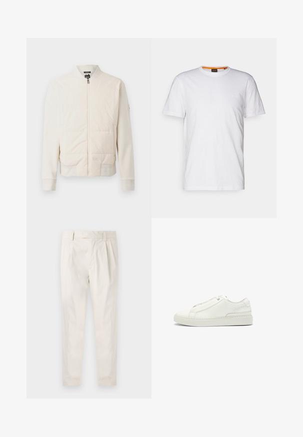 Light beige zip-up jacket featuring a padded front, smooth fabric, ribbed cuffs, side pockets, and a stand collar design.; White cotton T-shirt with a crew neck, short sleeves, and a subtle embossed logo on the chest. Interior tag has an orange accent.; White, pleated trousers with a tailored fit, featuring a smooth texture, belt loops, and tapered legs. No visible pockets or patterns.; White leather sneaker featuring a textured upper, a round toe, minimalistic design, and a rubber sole with stitched detailing.