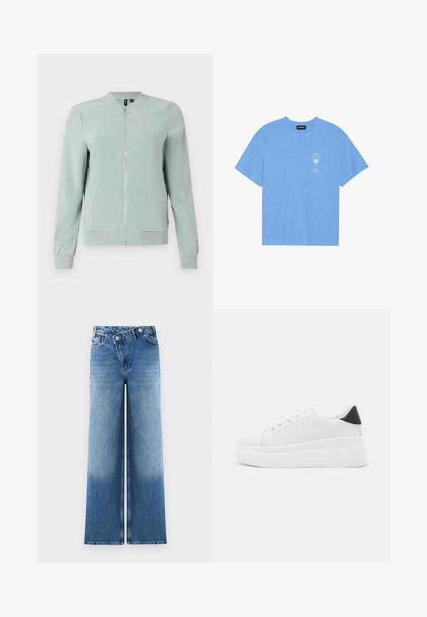 Lys grønn bomberjakke med glidelås foran, ribbestrikkede mansjetter og hem, glatt tekstur, og uten synlige mønstre eller detaljer i metall.; Lys blå bomull t-skjorte med rund hals. Har et hvitt grafisk motiv av et palmetre og tekst på venstre brystområde. Korte ermer.; Lyseblå vide jeans med en falmet vask, som har et klassisk fem-lomme-design og metalknap-detaljer ved livet.; Hvite plattform sneakers laget av glatt syntetisk materiale, med rund tå, snøring og en strukturert gummisåle. Svart hæl akcent.