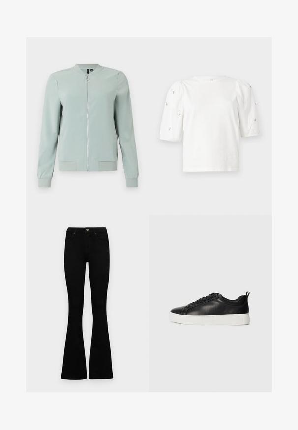 Lys grønn bomberjakke med glidelås foran, ribbestrikkede mansjetter og hem, glatt tekstur, og uten synlige mønstre eller detaljer i metall.; Hvit bomull T-skjorte med korte pufferm, med små sølvdekorasjoner langs ermene. Klassisk rund hals, avslappet passform.; Sorte høytlivsjeans med knapp og glidelås, frontlommer og utsvingte bein liggende flatt på en hvit bakgrunn.; Sorte lær sneakers med en glat overflade, hvid gummisål, rund tå og snørelukning. Har en træksløjfe ved hælen.