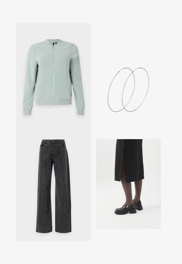Světle zelená bomberka se zipem vpředu, vroubkovanými manžetami a lemem, hladkým povrchem a bez viditelných vzorů či kovových detailů.; Černý body s dlouhými rukávy, vyznačující se síťovým výstřihem do V a nařasenými detaily na ramenech. Hladký materiál s přiléhavým střihem.; Noisy May NMJANNEL LOOSE - Džíny Relaxed Fit - black denim; Černé kožené boty s kulatou špičkou, silným blokovým podpatkem a elastickými bočními akcenty, spárované s tmavými punčochami a černou sukní se rozparkem.; Stříbrné kruhové náušnice s minimalistickým designem. Kruh, hladký povrch a tenký profil. Lehká konstrukce s lesklým povrchem.