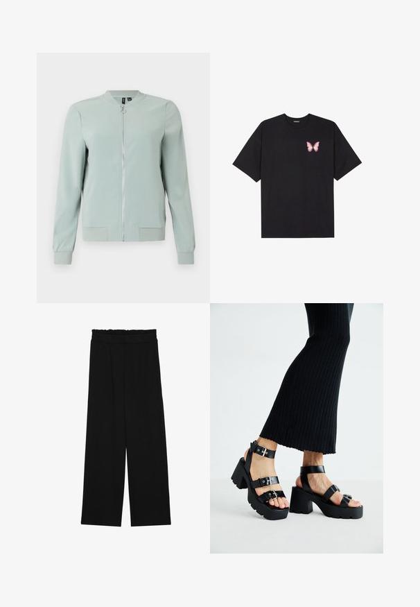 Veste bomber verte clair avec fermeture éclair sur le devant, poignets et ourlet côtelés, texture lisse, sans motifs visibles ni détails métalliques.; T-shirt en coton noir à manches courtes, avec un petit graphique de papillon rose sur la poitrine gauche. Modèle à col rond avec une coupe décontractée.; Pantalons larges noirs à taille volante, dotés de deux poches latérales et d'un tissu lisse et léger. Pas de motifs ni de matériel visible.; Sandales à plateforme noires avec semelles épaisses et crantées, dotées de plusieurs sangles, présentant des boucles en métal et une texture lisse semblable au cuir.