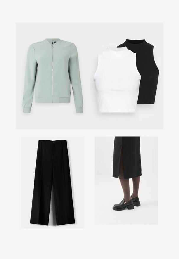 Giacca bomber verde chiaro con zip frontale, polsini e orlo a coste, texture liscia, senza pattern visibili o dettagli di hardware.; Due top in maglia senza maniche, a collo alto, in nero e bianco, con un design aderente e una superficie liscia, di lunghezza cropped.; Pantaloni neri a gamba larga realizzati in tessuto leggero, caratterizzati da una chiusura frontale con bottone e frontale piatto, con orli cuciti con precisione.; Scarpe in pelle nera con punta arrotondata, tacco spesso a blocco e accenti laterali in elastico, abbinate a collant scuri e una gonna nera con uno spacco.