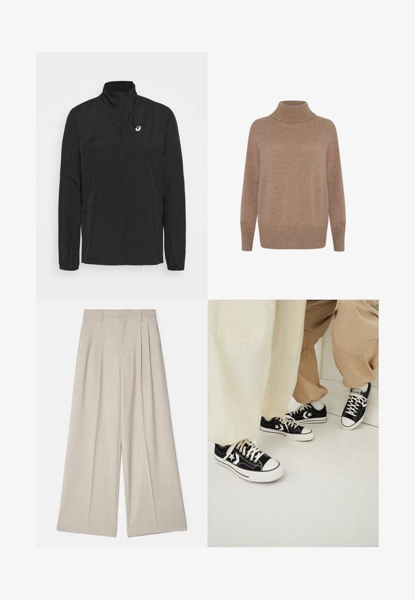 ASICS CORE JACKET - Training jacket - performance black; Light brown, ribbed turtleneck sweater with long sleeves and a relaxed fit. Soft texture with a smooth finish. Simple, versatile design.; White cotton t-shirt with short sleeves, a round neck, and a smooth texture. The back is plain with no additional patterns or designs.; Beige wide-leg trousers with a smooth texture, featuring front pleats, a flat waistband, and a tailored design for a loose fit.; Black canvas sneakers with white rubber soles, featuring white star accents and black shoelaces, paired with light beige and cream pants.