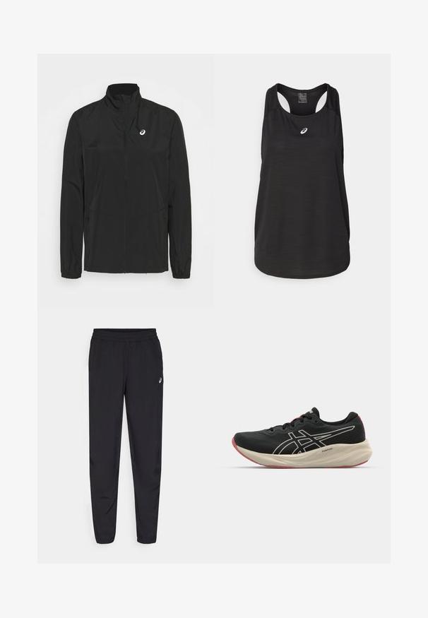 ASICS CORE JACKET - Træningsjakke - performance black; Sort atletisk tanktop lavet af letvægtsstof. Har en rund halsudskæring, racerback-design og et lille hvidt logo foran.; Sorte træningsbukser med elastisk talje, smalnende ben med manchetter, lavet af et let og glat materiale, og med et lille logo på låret.; Sort løbesko med mesh-overdel og hvide detaljer. Har en polstret mellemsål og røde ydersåledetaljer. Letvægtsdesign.
