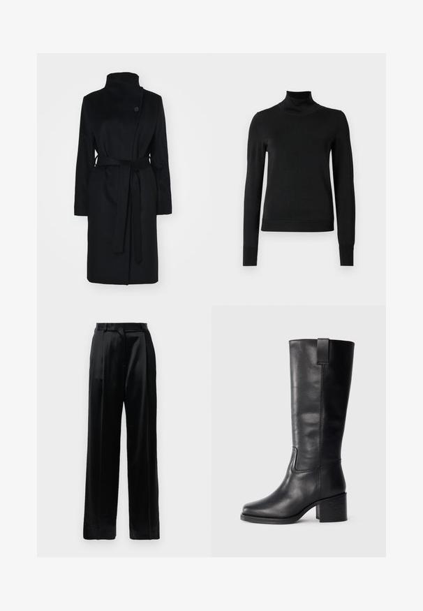 Sort uldfrakke med høj krave, omslagdesign, enkelt knaplukning og et matchende stofbælte. Glat tekstur, knælangt snit.; Sort langærmet turtleneck sweater med ribbede manchetter og kant, vist på en simpel hvid baggrund.; Sorte satinbukser med høj talje, lige brede ben, bæltestropper og flad lukning på en ensfarvet hvid baggrund.; Sorte læderknæhøje støvler med en glat tekstur, firkantet tå, blokhæl og sideløkke, der har minimale syninger.