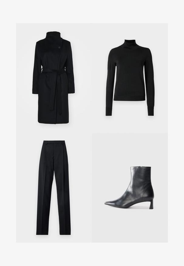 Zwarte wollen jas met hoge kraag, wikkelontwerp, enkele knoopsluiting en een bijpassende stoffen riem. Gladde textuur, knielange snit.; Zwarte trui met lange mouwen en col, voorzien van geribde manchetten en zoom, weergegeven op een effen witte achtergrond.; Zwarte broek gemaakt van gladde stof met een hoge taille, wijde benen, voorplooien en klassieke ceintuurlussen. Geen zijzakken zichtbaar.; Zwarte leren enkellaars met een spitse neus en een slank ontwerp. Heeft een lage hak en een ritssluiting aan de achterkant. Gladde textuur.