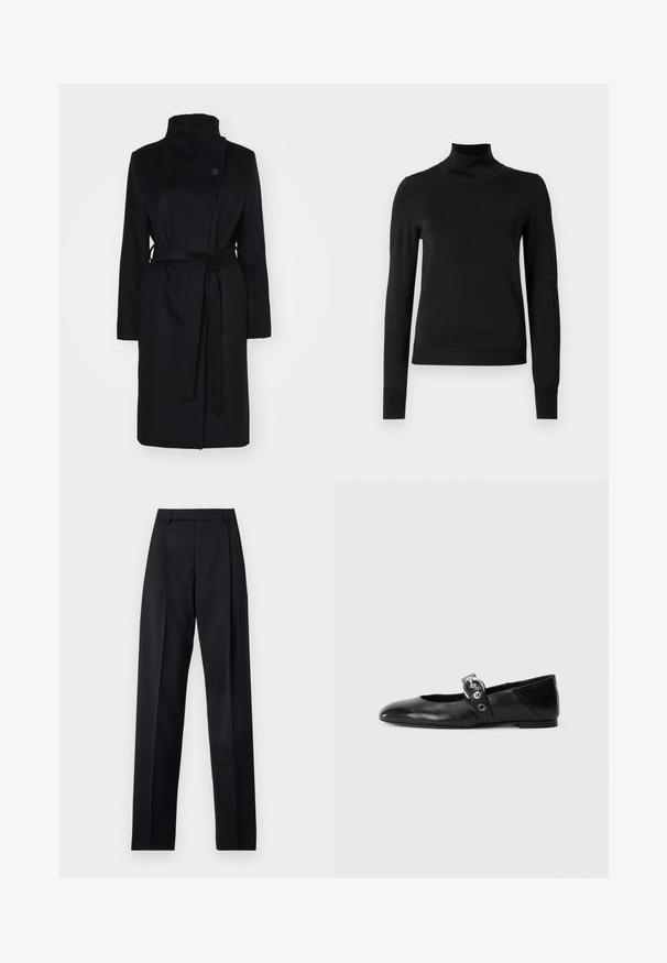 Palton negru din lână, cu guler înalt, design tip wrap, închidere cu un singur nasture și curea din același material. Textură netedă, tăietură până la genunchi.; Pulover negru cu mânecă lungă și guler tip colier, cu manșete și tiv cu elastic, expus pe un fundal alb simplu.; Pantaloni negri dintr-un material neted, cu talie înaltă, picioare largi, pliuri frontale și loop-uri clasice pentru curea. Fără buzunare laterale vizibile.; Balerini din piele neagră, cu vârful ascuțit, având o curea cu o cataramă metalică circulară și o talpă plată.