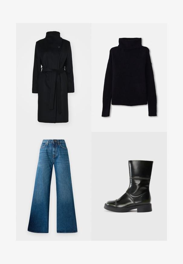 Palton negru din lână, cu guler înalt, design tip wrap, închidere cu un singur nasture și curea din același material. Textură netedă, tăietură până la genunchi.; Pulover negru, tricotat gros, cu guler înalt din tricot și mâneci lungi. Textură moale, tiv drept și fără modele sau embellishments vizibile.; Jeans wide-leg din denim albastru, cu talie înaltă, decolorare ușoară, design clasic cu cinci buzunare și închidere cu nasture în față.; Botă din piele neagră, la gleznă, cu vârf rotund, finisaj neted, cusături contrastante și toc gros, având o siluetă ușor conică.