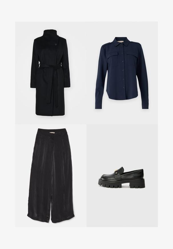 Sort uldfrakke med høj krave, omslagdesign, enkelt knaplukning og et matchende stofbælte. Glat tekstur, knælangt snit.; Mørkeblå skjorte med knapper lavet af blødt stof. Har to brystlommer, skulderklapper og lange ærmer med knapmanchetter.; Sorte brede bukser lavet af glat satin stof, med høj talje, forkant plisseringer og en cropped længde med sidesplit.; Sorte læder loafers med en kraftig sål, prydet med en guldfarvet detalje på fronten og en glat finish. Kraftigt mønster designet på sålen.