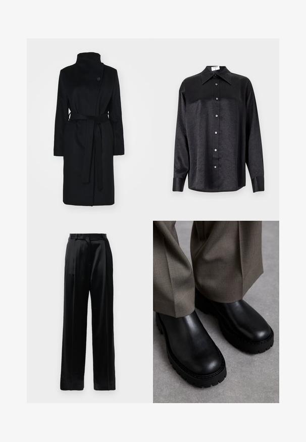 Zwarte wollen jas met hoge kraag, wikkelontwerp, enkele knoopsluiting en een bijpassende stoffen riem. Gladde textuur, knielange snit.; Zwarte blouse met lange mouwen en een kraag, voorzien van een gekreukt oppervlak, volwaardige knopen aan de voorkant en manchetten. Gemaakt van een gladde stof.; Zwarte satijnen hoge taillebroek met rechte wijde pijpen, riemlussen en een platte sluiting op een effen witte achtergrond.; Zwarte leren enkelboots met een chunky rubberen zool, een gladde textuur, een ronde neus en minimale details. Gecombineerd met lichtgrijze broeken.
