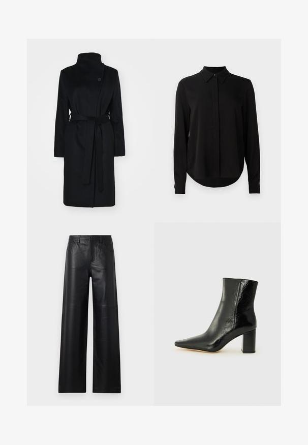 Cappotto di lana nero con colletto alto, design avvolgente, chiusura con un bottone e cintura coordinata in tessuto. Texture liscia, taglio fino al ginocchio.; Blusa nera a maniche lunghe con colletto a punta, patta dei bottoni nascosta e orlo curvo su uno sfondo bianco semplice.; Pantaloni in pelle nera a gamba larga con una texture liscia, dotati di tasche frontali, chiusura a bottone e dettagli di cucitura sottili.; Stivale alla caviglia nero in pelle lucida con punta affusolata e tacco squadrato e corposo. Presenta una texture liscia e un design minimalista.