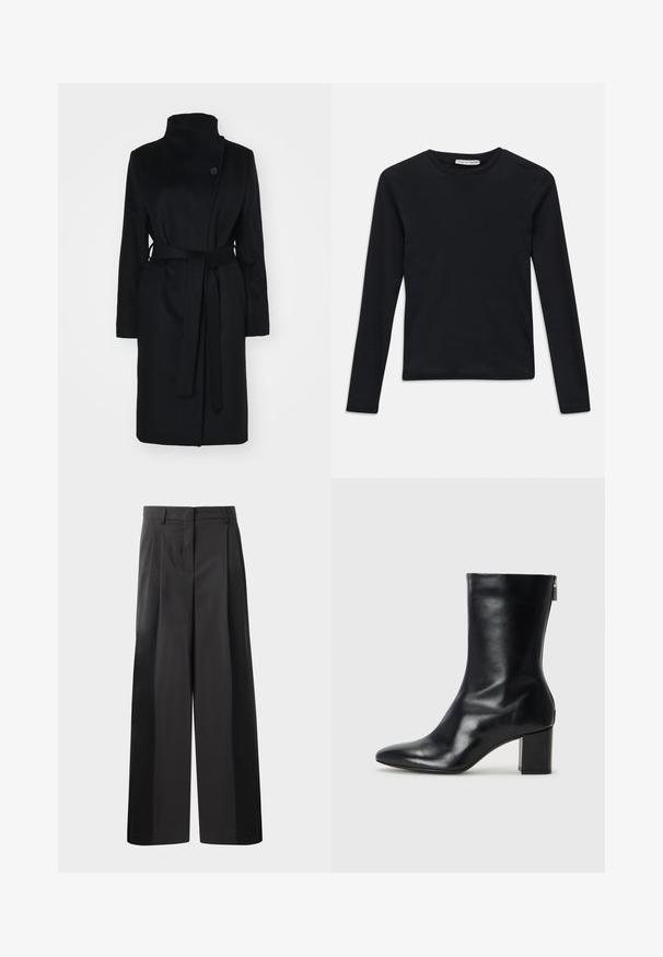 Melnās vilnas mētelis ar augstu apkakli, ietīšanas dizainu, vienu pogu aizdari un atbilstošu auduma jostu. Gluda tekstūra, līdz ceļgaliem izgriezums.; Melnas garās piedurknes kreklu ar apļa kaklu, šaura piegriezuma, vienkāršs dizains un neliela "Tiger of Sweden" etiķete iekšpusē apkaklī.; Melni platajā kājās bikses ar augsto jostasvietu, kas ar priekšējiem krokām, gludu tekstūru un pielāgotu apdari. Veidotas relaksētai piegrieztei.; Melna ādas potītes zābaks ar norādītu purngalu un 4 cm bloku papēdi. Gluds dizains ar sānu rāvējslēdzēju vieglai uzvilkšanai. Gluda tekstūra.