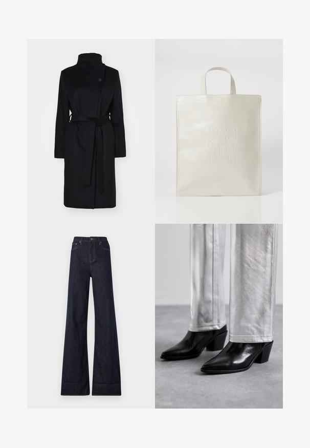 Must hülgehäälärgiga must villane mantel, haakruga disain, üksik nööbiga sulgemine ja sobivast kangast vöö. Sile tekstuur, kuni põlvekohani ulatuv lõige.; Must mustriga mustriga tipp, millel on õlavarrelt vaba kaelus, sile kangas, istuv disain ja ilma õmblusteta allserv. Lihtne ja minimalistlik stiil.; Ksubi STRIDER CUFF ORIGINAL - Wide leg - blue denim; Must musta ankle boots, mille musta ja terava nina ning plokkjala, kombineeritud läikivate hõbedaste pükstega, esitades sujuvaid tekstuure ja kontrastseid värve.; Max Mara Leisure BETELGEUSE - Kandekott - grigio perla