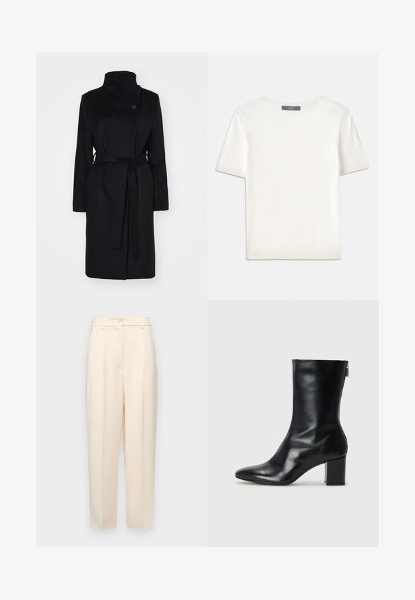 Melnās vilnas mētelis ar augstu apkakli, ietīšanas dizainu, vienu pogu aizdari un atbilstošu auduma jostu. Gluda tekstūra, līdz ceļgaliem izgriezums.; Balta īsām piedurknēm adīta blūze ar apaļu kakla izgriezumu, kurai ir gluda tekstūra un smalki riboti akcenti pie piedurknēm un apakšmalas.; Beige pielāgotas bikses ar taisnu piegriezumu, priekšpusē ar krokām, gluda tekstūra un vidējas augstuma jostasvieta. Nav redzamu kabatu.; Melna ādas potītes zābaks ar norādītu purngalu un 4 cm bloku papēdi. Gluds dizains ar sānu rāvējslēdzēju vieglai uzvilkšanai. Gluda tekstūra.