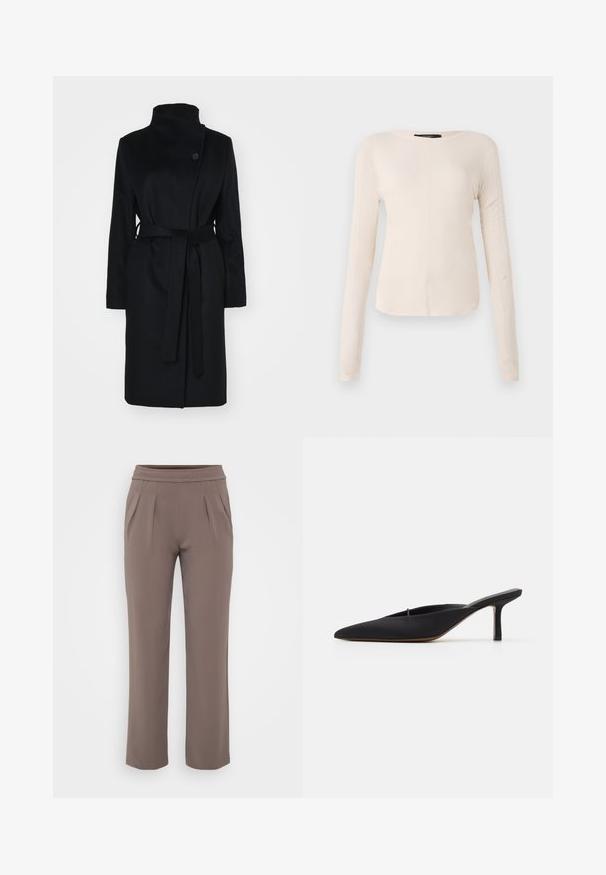Zwarte wollen jas met hoge kraag, wikkelontwerp, enkele knoopsluiting en een bijpassende stoffen riem. Gladde textuur, knielange snit.; Langsleeve, lichtbeige top met een ronde halslijn. Gemaakt van zachte stof, heeft een centrale naad en een iets gebogen rand. Geen zichtbare hardware.; Taupe losvallende broek met elastische tailleband en voorplooien, gemaakt van zachte stof.; Zwarte muiltje met spitse neus en een strak ontwerp, gemaakt van gladde stof, met een slanke hak en open achterkant voor gemakkelijk aan- en uittrekken.
