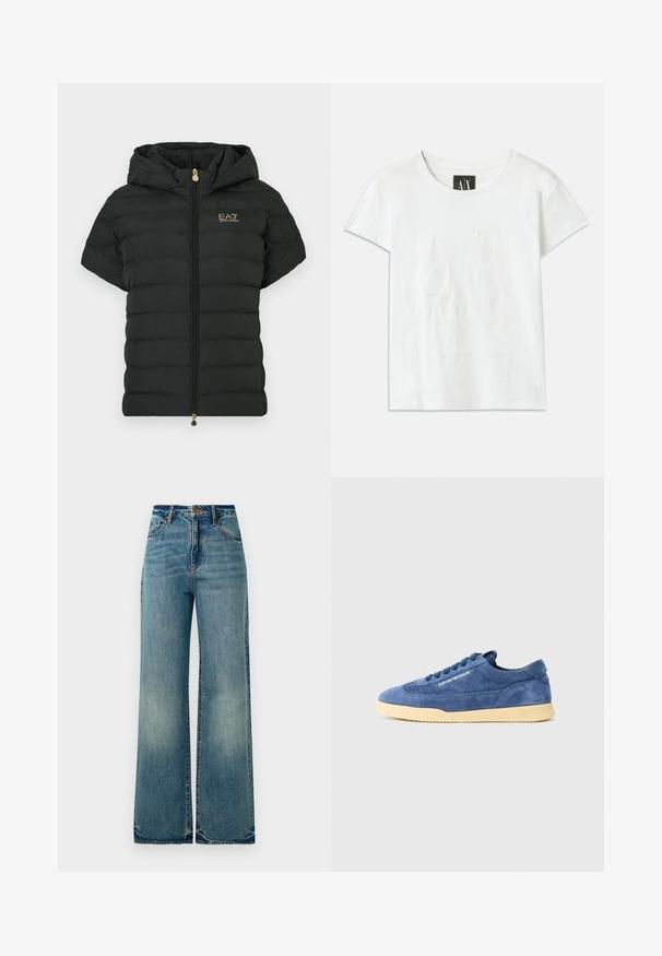 Casaco curto acolchoado preto de manga curta com capuz, textura acolchoada horizontal, logótipo dourado no peito e fecho de correr frontal.; T-shirt de algodão branca com mangas curtas, apresentando um logo em relevo "AX" na frente e o texto "ARMANI EXCHANGE" abaixo em um design sutil.; As calças de ganga de perna larga em azul-claro apresentam uma cintura alta, cinco bolsos e bainhas ligeiramente desfiadas, destacando um acabamento texturizado e desbotado.; Sapatilha baixa em camurça azul com sola creme, atacadores e logotipo "EMPORIO ARMANI" na lateral, fotografada sobre um fundo branco simples.