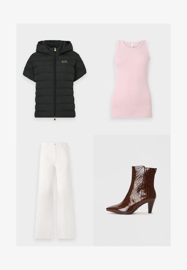 Black short-sleeve puffer jacket with a hood, horizontal quilted texture, gold logo on the chest, and a front zipper closure.; Light pink tank top made of soft, stretchy fabric. Features a round neckline and narrow shoulder straps, with a smooth texture and fitted shape.; White, high-waisted wide-leg jeans made of denim. Features a button closure, two front pockets, and side seams with stitching details.; Brown faux crocodile leather ankle boot with a pointed toe and a tapered heel. Features a glossy texture and side zipper detail.