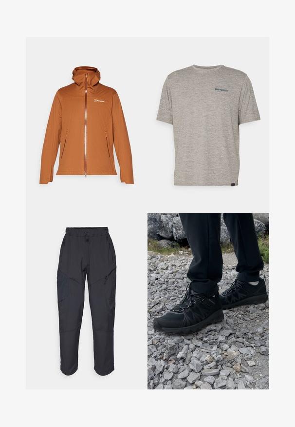 Braune Zip-Jacke mit Kapuze, ausgestattet mit zwei Seitentaschen, einem strukturierten Stoff und einem kontrastierenden orangefarbenen Reißverschluss sowie Akzenten. Logo auf der Brust.; Graues T-Shirt mit kurzen Ärmeln, aus weichem, strukturiertem Stoff, mit einem kleinen blauen Patagonia-Logo auf der linken Brust. Keine zusätzlichen Muster.; Schwarze Cargo-Hosen aus leichtem, wasserabweisendem Material; verfügen über einen elastischen Bund, mehrere Reißverschlusstaschen und schmal zulaufende Beine.; Schwarze Outdoor-Schuhe aus Mesh und synthetischem Material, mit einer strukturierten Oberseite, gesichertem Schnürsystem und griffiger Laufsohle, auf felsigem Gelände.