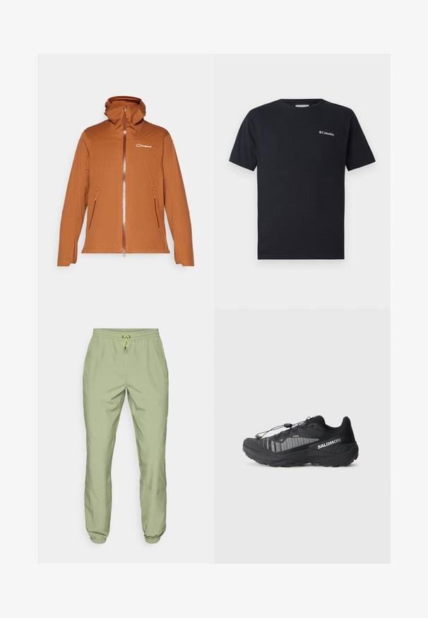 Veste zippée marron avec capuche, dotée de deux poches latérales, d'un tissu texturé et d'une fermeture éclair et d'accents orange contrastants. Logo affiché sur la poitrine.; T-shirt noir à manches courtes en coton, avec un petit logo blanc Columbia sur la partie gauche de la poitrine. Encolure ronde classique et coupe décontractée.; Pantalons de sport vert clair avec une taille élastique, fermeture à cordon de serrage et ourlets aux chevilles ; dotés de deux poches latérales et d'une texture lisse.; Chaussure de trail running noire avec une tige en mesh texturé, des accents réfléchissants, une semelle rembourrée et un système de laçage élastique. Logo sur le côté.