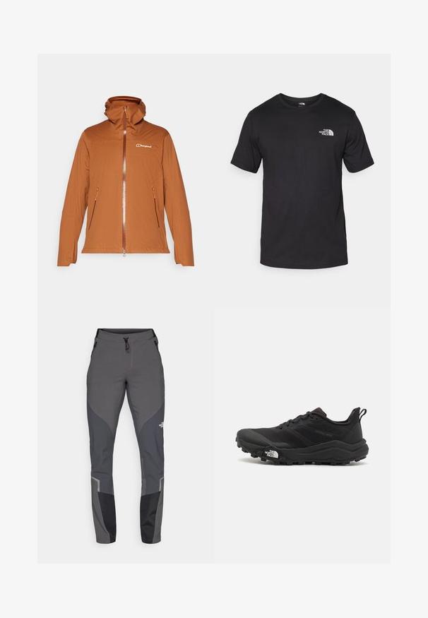 Brown zip-up jacket with a hood, featuring two side pockets, a textured fabric, and contrast orange zipper and accents. Logo displayed on chest.; Black short-sleeve t-shirt made of cotton, featuring a round neckline and a small white logo on the upper left chest area.; Grey hiking pants featuring a tapered design, multiple pockets, and contrasting dark grey and black accents. Made from a flexible, durable material.; Black trail running shoe with a textured upper, rubber sole, and reinforced toe cap. Features a padded collar and pull tab for easy wear.