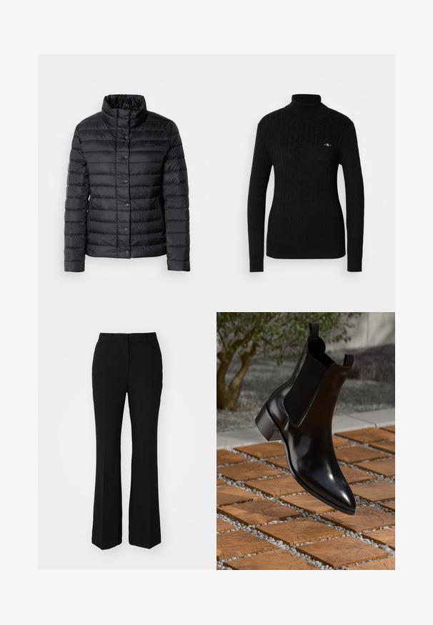 Schwarze Daunenjacke mit hohem Kragen, Knopfverschluss und horizontalem Steppmuster. Das Material scheint leicht und wasserabweisend zu sein.; Schwarzer Rollkragenpullover in einem strukturierten Zopfmuster. Mit langen Ärmeln und einer figurnahen Silhouette. Kleines Logo auf der Brust.; Schwarze maßgeschneiderte Hosen mit weitem Schnitt. Hergestellt aus glattem Stoff mit Faltenschneiden und einem flachen Bund. Keine sichtbaren Taschen.; Schwarze Leder-Chelsea-Stiefel mit spitzer Zehe, elastischen Seitenteilen und einem klobigen Absatz, die auf einer stein- und holzmusterierten Oberfläche ruhen.