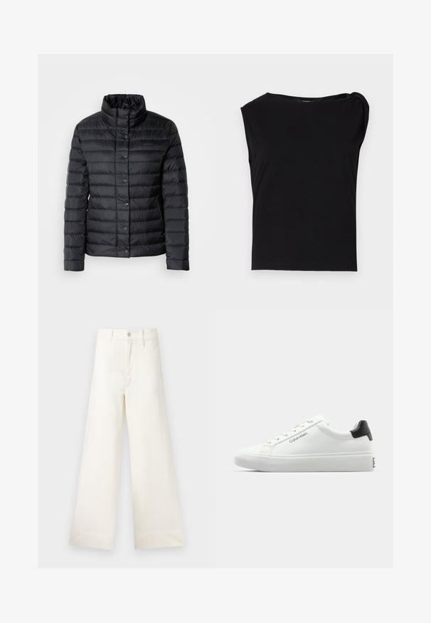 Black puffer jacket with a high collar, button closures, and horizontal quilted pattern. Material appears lightweight and water-resistant.; Black short-sleeve top made of smooth fabric. Features a round neckline and draped detail on the shoulder. Simple, fitted design.; Wide-leg trousers in light beige cotton. Features a high waist, front pockets, and a straight cut. Clean hem finishing without patterns.; White sneaker with a smooth finish, black heel accent, and lace-up design. Features "Calvin Klein" branding on the side. Minimalist style.