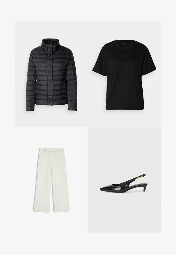 Zwarte pufferjack met een hoge kraag, knoopsluitingen en een horizontaal doorgestikt patroon. Het materiaal lijkt lichtgewicht en waterafstotend.; Zwarte katoenen t-shirt met een ronde hals, korte mouwen en een geborduurd logo op de borst. Eenvoudige, comfortabele pasvorm zonder patronen.; Wijde broek in licht crèmekleurige stof, met zijzakken, een platte voorkant en een enkele knoopsluiting bij de taille. Glad van textuur.; Zwarte leren slingback hakken met een spitse neus, voorzien van een slanke hak en een goudkleurige accent op de verstelbare band. Gladde textuur.