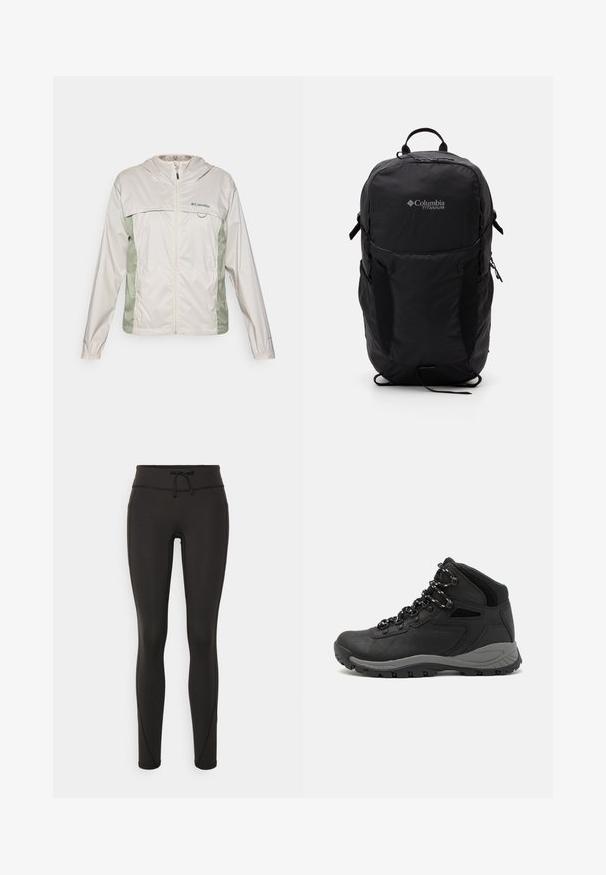 Chaqueta ligera de color crema con capucha, que presenta paneles laterales verdes, cremallera frontal y un logo en el pecho. Tejido suave y resistente al agua.; Camiseta negra de Columbia con un arte lineal circular de montaña y río en blanco y el texto "Columbia Sportswear Company Fuera desde 1938."; Leggings negros con cintura alta, cordón, textura suave y diseño ajustado. Presenta detalles de costura a lo largo de los laterales.; Bota de senderismo negra con un diseño de medio caña, que cuenta con una parte superior texturizada, acentos grises y una suela de goma duradera con tacos de tracción.; Mochila Columbia Titanium negra con una textura de tela suave, bolsillos laterales, asa superior y correas ajustables. Diseño minimalista con una marca sutil.
