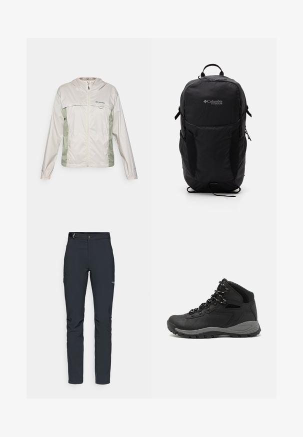 Lengvas, kreminės spalvos švarkas su kapišonu, su žaliais šonų paneliais, priekiniais užtrauktukais ir logotipu ant krūtinės. Lygi, vandeniui atspari medžiaga.; Juodas "Columbia" marškinėliai su balta apskrita kalnų ir upės linijų grafika bei tekstu "Columbia Sportswear Company Lauke nuo 1938 metų."; Vyrų lauko kelnės, tamsiai pilkos, pagamintos iš elastingos medžiagos, su diržu, užtrauktukais užtraukiamomis kišenėmis ir sustiprinta siūle.; Juodas žygio botas su vidutinio aukščio dizainu, pasižymintis tekstūruota viršutine dalimi, pilkų akcentų ir patvaria guma padanga su sukibimo gumbais.; Juodas Columbia Titanium kuprinė su lygaus audinio tekstūra, šoninėmis kišenėmis, viršutine rankena ir reguliuojamomis petnešomis. Minimalistinis dizainas su subtiliu logotipu.