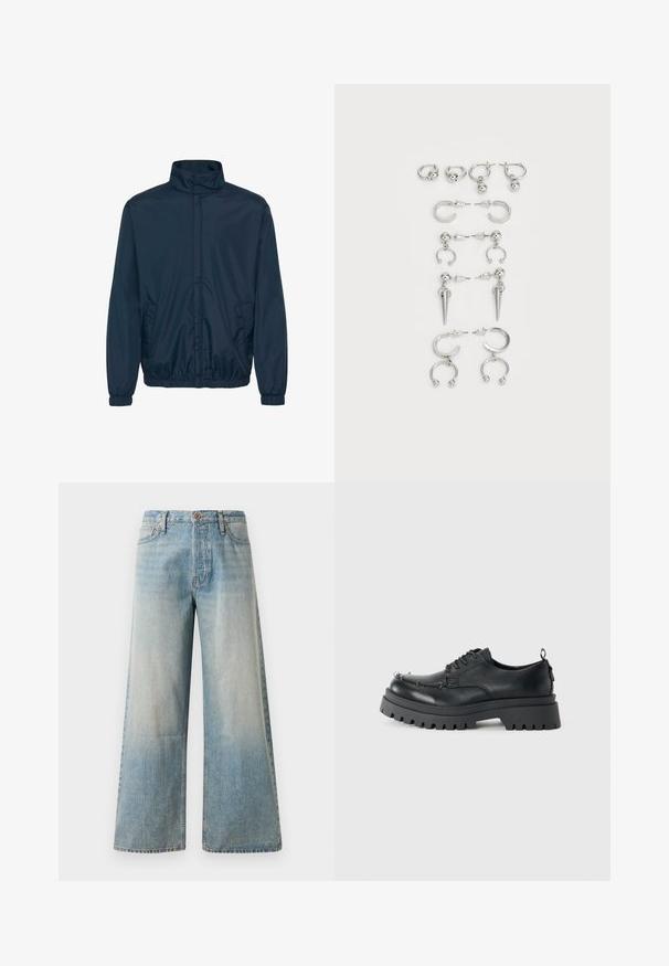 Marineblå vindjakke med høj krave, elastiske ærmer og to sidelommer i et glat, let materiale.; Strikket sweater i lys beige med sorte geometriske mønstre. Har rund halsudskæring, lange ærmer og en afslappet pasform.; Lysblå brede jeans lavet af denim. Har høj talje, knaplukning og subtil falmning med en glat tekstur og syede sømme.; Sort chunky læder snørebåndssko med tykk sål og metaløjer omkring tåområdet, fotograferet mod en ensfarvet lys baggrund.; Sæt med sølvøreringe med forskellige designs: hoops, studs og hængende stilarter, med kugleaccenter og spidse elementer.