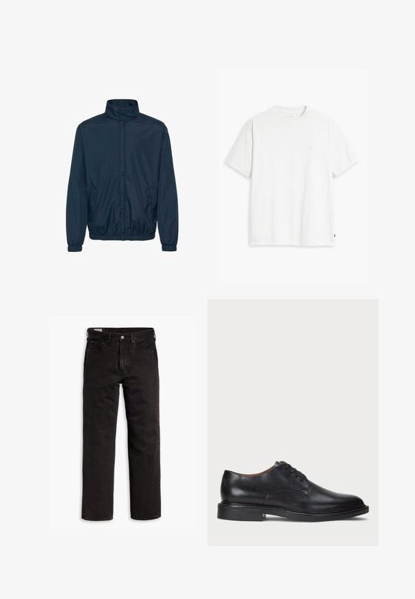 Vjetrovka u tamnoplavoj boji s visokim ovratnikom, elastičnim rukavima i dva bočna džepa, izrađena od glatkog, laganog materijala.; Bijela pamučna majica kratkih rukava, s okruglim izrezom i suptilno otisnutim Levi's logotipom u sredini. Mekana tekstura i standardni kroj.; Crne traperice ravnog kroja s pet džepova, kopčom na dugme i petljama za pojas, položene ravno na bijeloj pozadini.; Crne kožne cipele s okruglim vrhom, vezanjem i niskim stogom. Glatka tekstura s minimalnim šavovima.