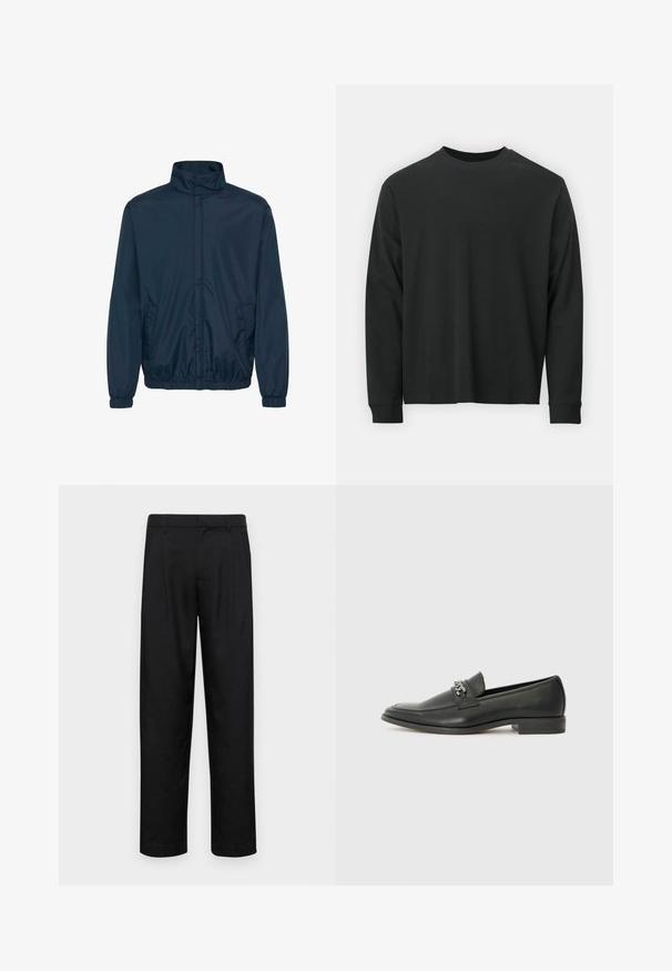 Marineblauwe windbreakerjas met een hoge kraag, elastische boorden en twee zijzakken, gemaakt van een gladde, lichte stof.; Zwarte longsleeve T-shirt van katoen, met een ronde halslijn, een losse pasvorm en geribbelde boorden. Glad oppervlak zonder zichtbare patronen.; Zwarte broeken van gladde stof, met een recht model, twee voorknikken en een standaard tailleband met riemlussen.; Zwarte leren instapper met een gladde afwerking, voorzien van een gestikt ontwerp en een decoratieve metalen kettingaccent over de wreef. Platte hak.