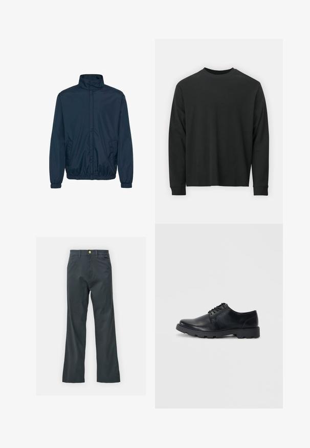 Marineblå vindjakke med høj krave, elastiske ærmer og to sidelommer i et glat, let materiale.; Langærmet sort T-shirt lavet af bomuld, med rund halsudskæring, løs pasform og ribbede ærmer. Glat tekstur uden synlige mønstre.; Sorte bukser med lige ben, lavet af en bomuldsblandingsstof. Har en metalknaplukning og sidelommer. Ingen synlige mønstre.; Sorte læder snørebåndssko med rund tå, lavprofil gummisål og diskret syning langs kanterne.