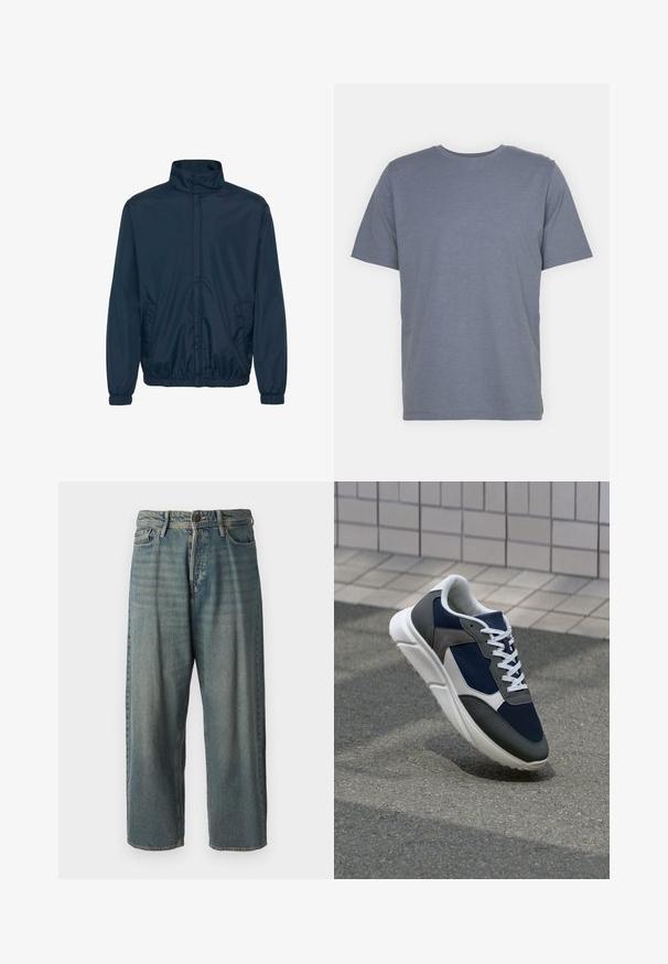 Sötétkék széldzseki, magas nyakkal, rugalmas mandzsettákkal és két oldalsó zsebbel, sima, könnyű szövet textúrával.; Szürke, rövid ujjú póló, kerek nyakkal, puha pamut keverékből készült. Egyszerű dizájn, minta vagy díszítés nélkül.; Világoskék farmernadrág, laza fazonnal, közepes derékbőséggel és egyenes szárral. Öt zsebet, övbucskát és gombos záródást tartalmaz.; Cipő, amelynek sötétkék hálós felsőrésze, szürke velúr díszítései, fehér gumitalpa és lapos fehér fűzője van, a kényelem és a légáteresztő képesség érdekében tervezve.