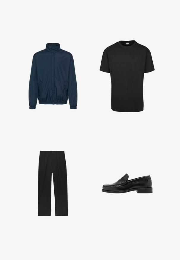 Jachetă de vânt de culoare albastru marin, cu guler înalt, manșete elasticizate și două buzunare laterale, fabricată dintr-un material neted și ușor.; Tricou din bumbac negru cu guler rotund, mâneci scurte și tiv drept. Textură netedă; design simplu, nepornit.; Pantaloni negri cu un design drept, fabricați dintr-un material neted. Au plisse în față și un sistem de închidere cu un singur buton la talie.; Mocasini negri din piele, cu un finisaj neted, detalii cusute pe vârf și un design cu toc jos pentru confort și stil.